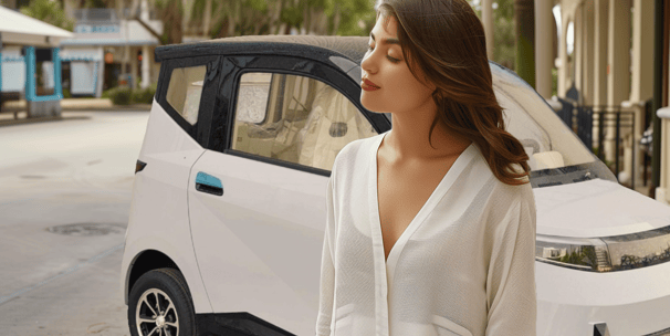 young woman stands in front of white Impulse Electromotive Nano-3 Micro EV car