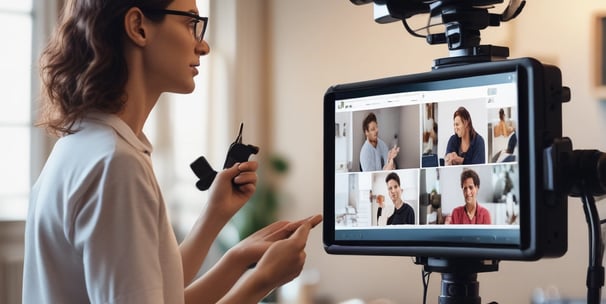 A person in a red plaid shirt operates a camera on a stabilizer, recording another individual who is speaking and gesturing. The background features a presentation slide with text that includes the word 'Ubiquitousness.' The speaker is wearing a dark blazer and light-colored pants.