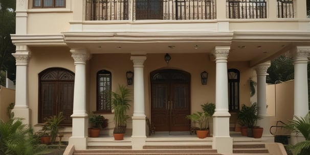 A multi-story building with a slightly aged facade. The middle floor has a window with a warm light illuminating the interior, suggesting someone is home. A sign is displayed on the balcony above, indicating the property might be for rent or sale. The building is situated on a narrow street between similar structures with visible street signage.