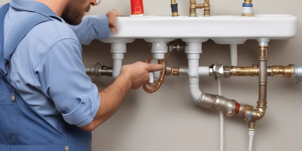 A row of air conditioning units is installed on the rooftop of a building. A person, wearing a hat, is working on one of the units. The building has several ventilators and metal ducts extending from it. The sky is clear and blue.