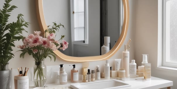 A trio of facial skincare products, including a toner, serum, and cream, are neatly arranged on a wooden slab with a decorative flower and a green leaf beside them. The products have metallic caps, and the packaging features minimalist design with red and black text.