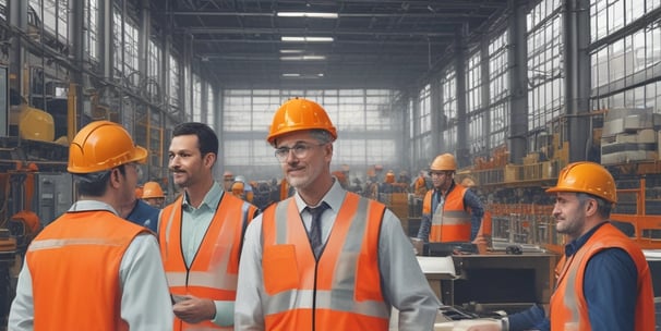 An office setup with a modern ergonomic chair in the foreground, a computer monitor displaying an abstract orange design, a sleek desk with minimal accessories like headphones on a stand, a webcam, and a compact computer or hub. The image is framed by green leaves, suggesting a calm work environment with a touch of nature.
