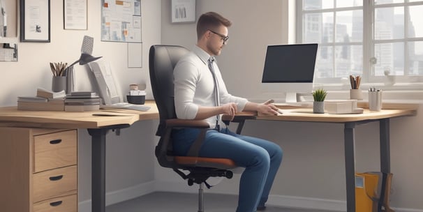 A person is seated in an ergonomic chair facing a desk. The desk features a large monitor, two speakers, and a keyboard with a neutral background.