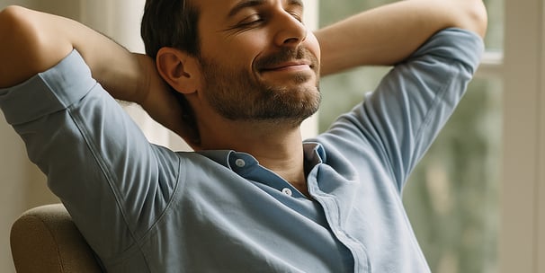 a man sitting in a chair with his arms on his head