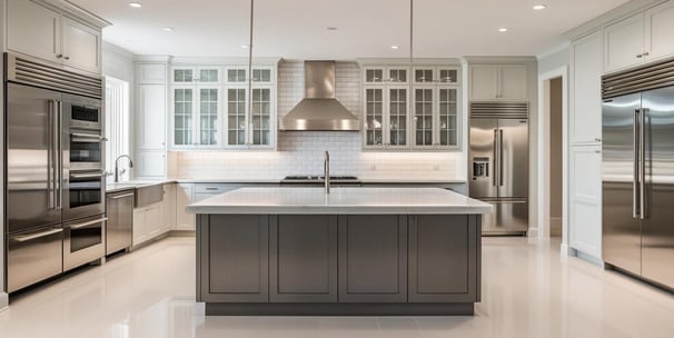 a kitchen with a large island and stainless steel appliances