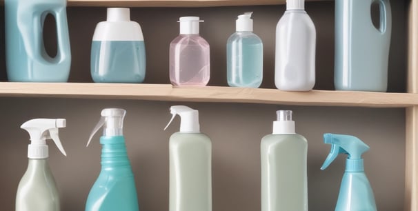 a shelf with several bottles of cleaners and bottles of cleaners