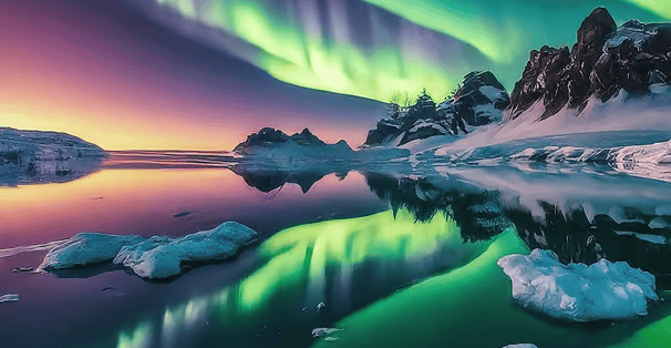 a green and purple sky with a mountain in the background