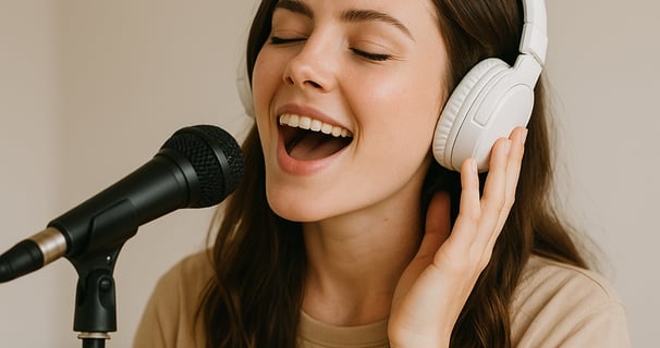 Une femme chantant dans un microphone avec un casque sur les oreilles.