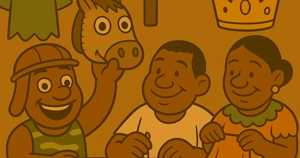 Ilustração de oficina cultural com moradores fazendo máscaras e adereços do Reisado