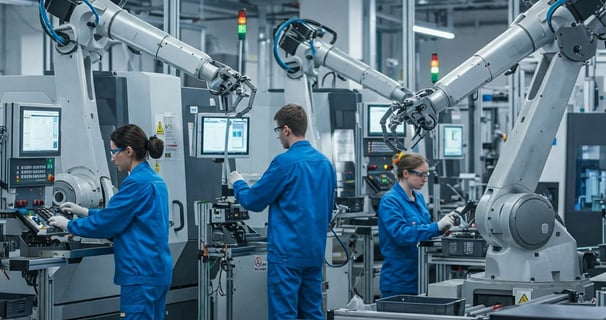 Representación de personas trabajando junto a tecnologías avanzadas
