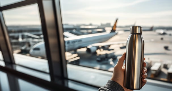a person holding a stainless steel tumbler in front of the airport window