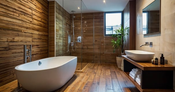 this image shows a bathroom with bamboo floor tiles, eco friendly tiles.