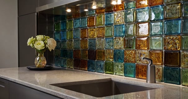 this image displays a kitchen back splash with multi color recycled glass tiles.