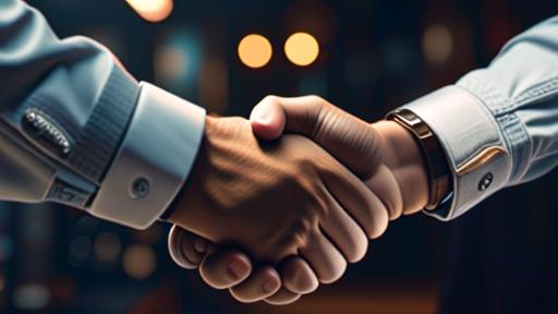two people shaking hands with a man in a suit