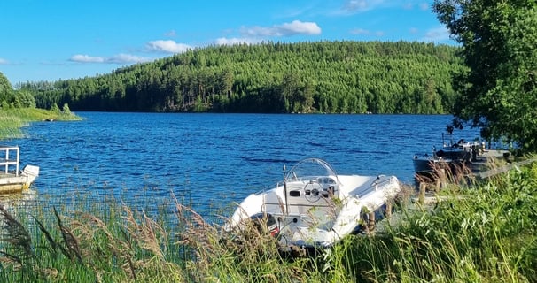 The view of the summerhouse shoreline with a boat nearby, surrounded by water and forest.