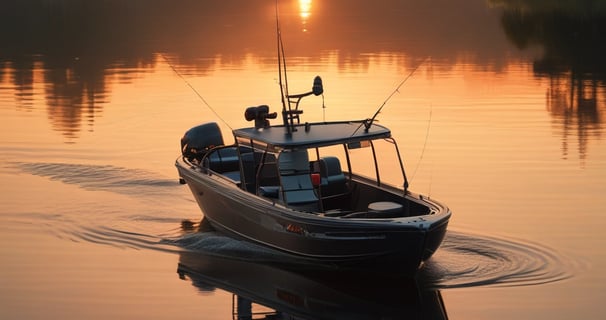 A small fishing boat navigates through vibrant, teal waters, creating ripples as it moves. The boat is filled with fishing gear and a few people, with its bright colors contrasting against the sea.