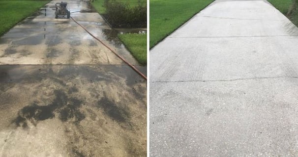 a drive way before and after photo showing the results of pressure washing 