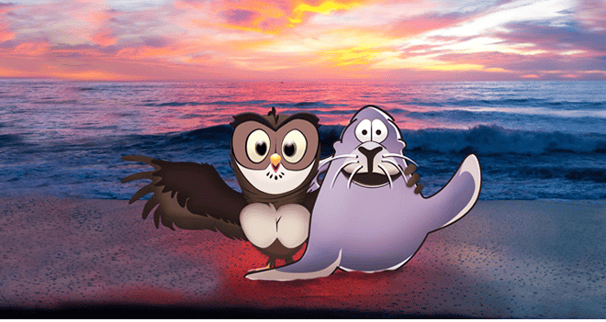 NWS Owlie next to NOAA Sanctuary Sam on the beach