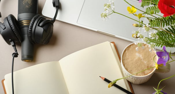 Microphone laptop headphones and jorunal  header image for offer page 
