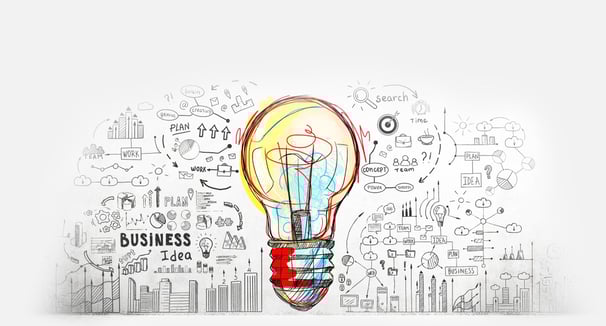 A colorful pencil art of a bulb surrounded by business ideas