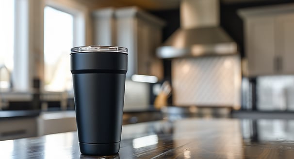 A modern matte black stainless steel tumbler in a kitchen, showcasing its minimalist design and secu