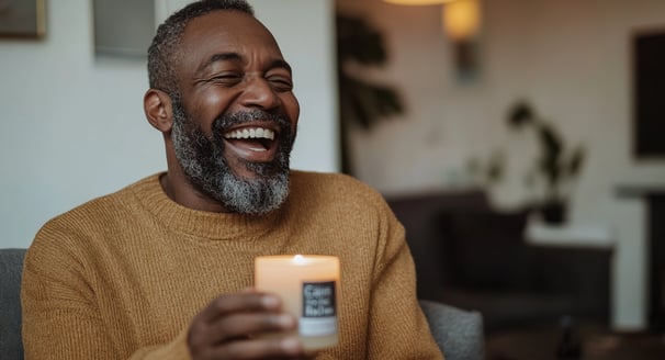 a man with a candle in a living room