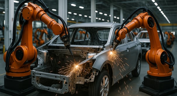 a car being worked on by a robot welding machine