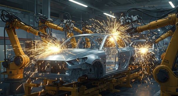 a car being worked on by a robot welding machine