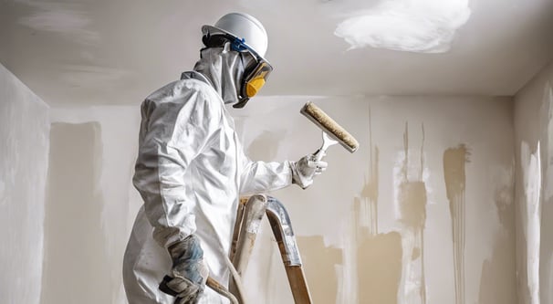 A person wearing protective clothing is painting the exterior of a building while crouched on a narrow ledge. Next to the person is a satellite dish attached to the wall. Several windows are open above the person, providing some ventilation.