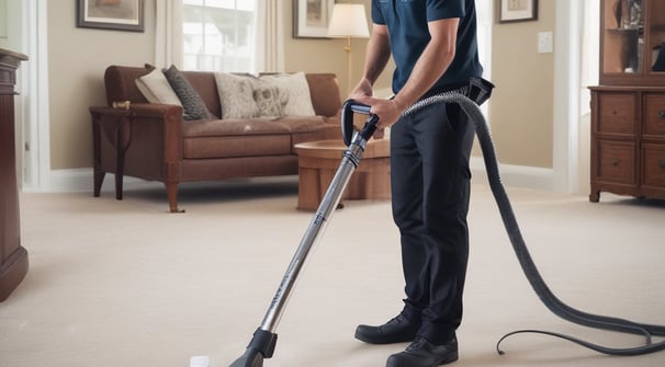 A person wearing protective clothing, a face mask, and gloves is cleaning a white cushioned furniture piece using a vacuum cleaner. The setting appears to be indoors with bright natural light streaming in through large windows. A green potted plant is placed next to a white sofa, adding a touch of nature to the clean and tidy environment.