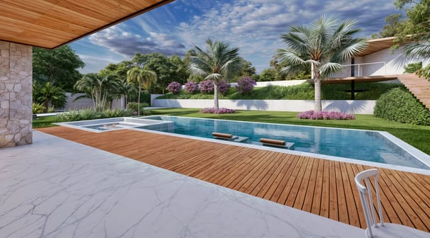 Projeto residencial moderno com piscina e varanda em Monte Mor - Aborin Arquitetura