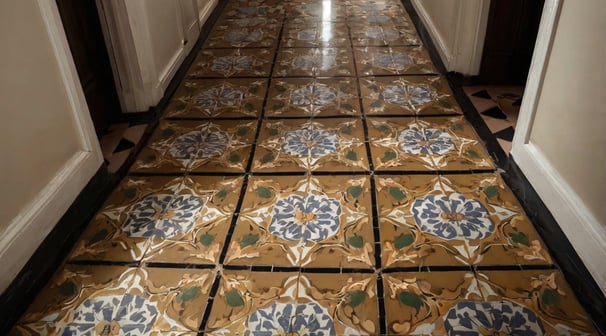 this image display a cement tile floor in a hallway