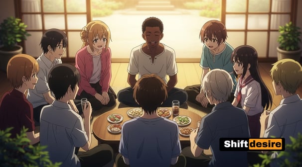 Anime-style group of diverse characters sitting in a circle