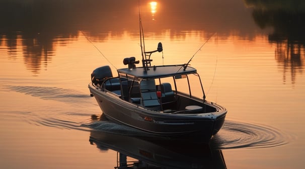 A small fishing boat navigates through vibrant, teal waters, creating ripples as it moves. The boat is filled with fishing gear and a few people, with its bright colors contrasting against the sea.