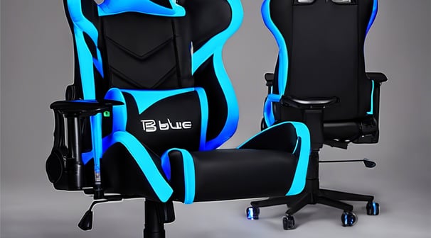 A pair of racing style gaming chairs with blue and black racing style seats