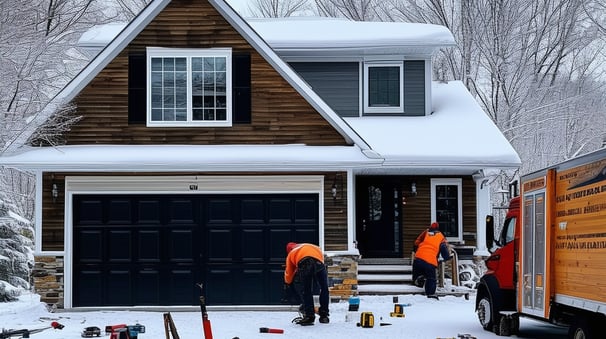 a garage door being repaired, snow conditions