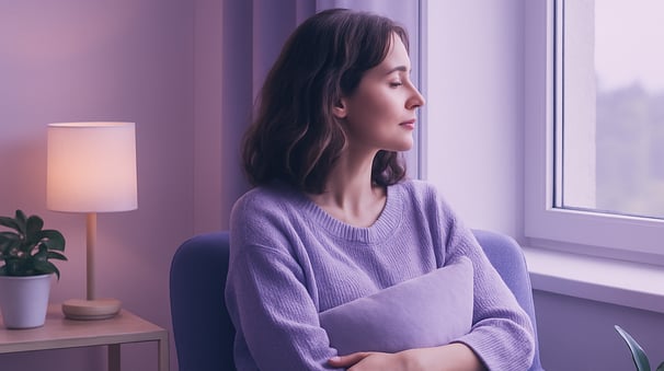 Dibujo de una mujer que está en terapia apretando un cojín, per con cara de tranquilidad.