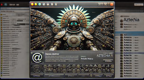 AzTechIA en una interfaz de email futurista, combinando tecnología y cultura azteca.