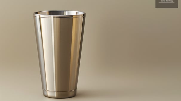 A polished stainless steel tumbler set on a minimalist surface, highlighting its sleek design.