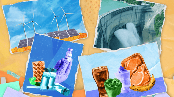 4 pictures showing renewable energy, a water dam. medicines and food and drinks.