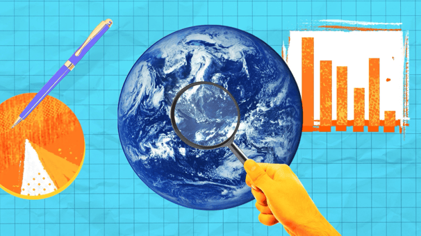 a person holding a magnifying glass, the Earth, some pie and bar charts.