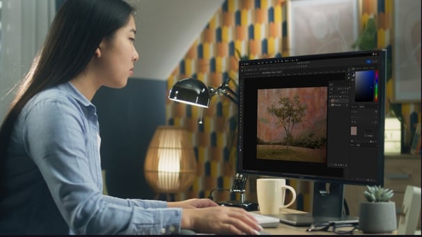 An artist using Photoshop to edit a digital artwork of a tree, focusing on creative effects