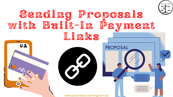 Sending proposals with built-in payment links. A hand holds a phone with a credit card, next to a li