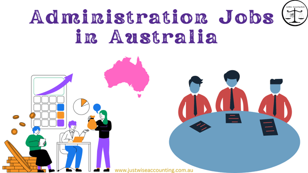 Administration jobs in Australia. Cartoon people working at a table and a map of Australia.