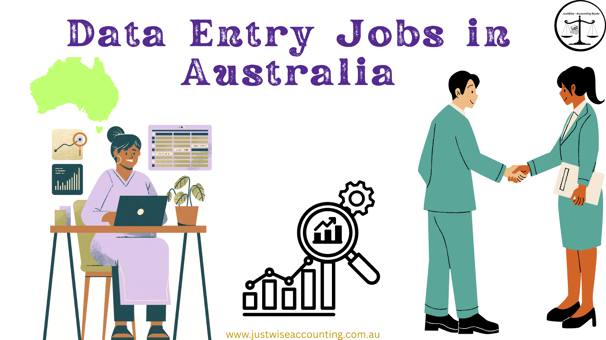 Data entry jobs in Australia, featuring a woman working on a laptop and two professionals shaking ha