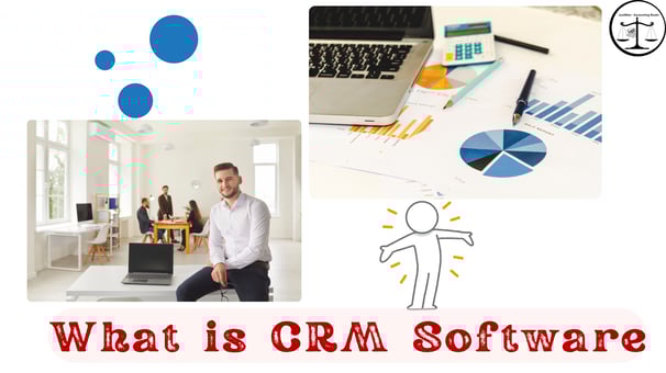 A man in an office with a laptop and graphs, asking "What is CRM Software