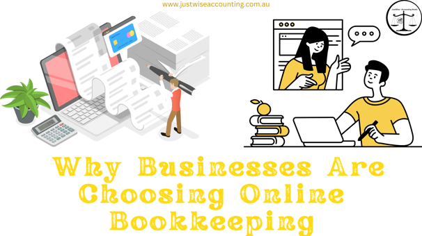 Online bookkeeping illustration with a person holding a pencil and another on a video call.