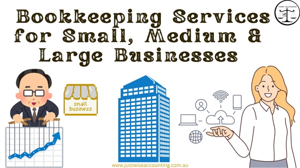 Bookkeeping services for small, medium & large businesses. Cartoon man and woman with graphs and bui