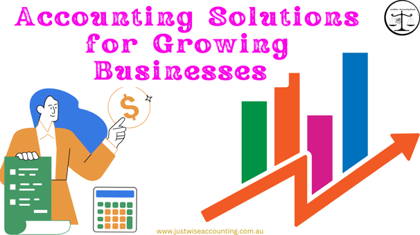 Accounting solutions for growing businesses, featuring a cartoon figure, calculator, and bar graph."