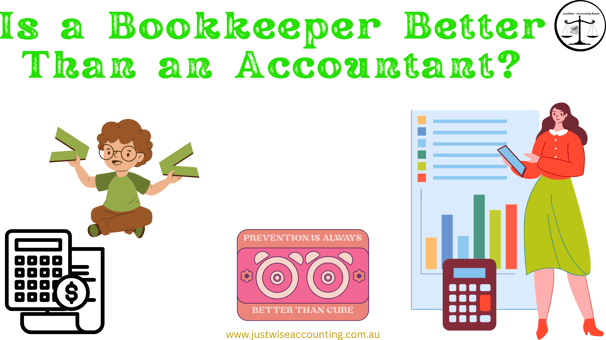 Is a bookkeeper better than an accountant? Cartoon characters and financial symbols surround the que